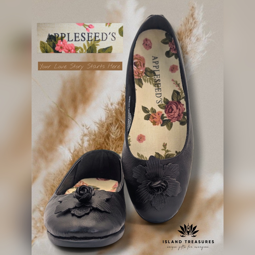 Appleseed’s Leather Ballet Flats Sz 7M Black Floral Accent Slip-On Shoes